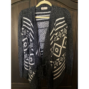 Hollister Blue and White Open Front Cardigan With Fringe LS Sweater Size S